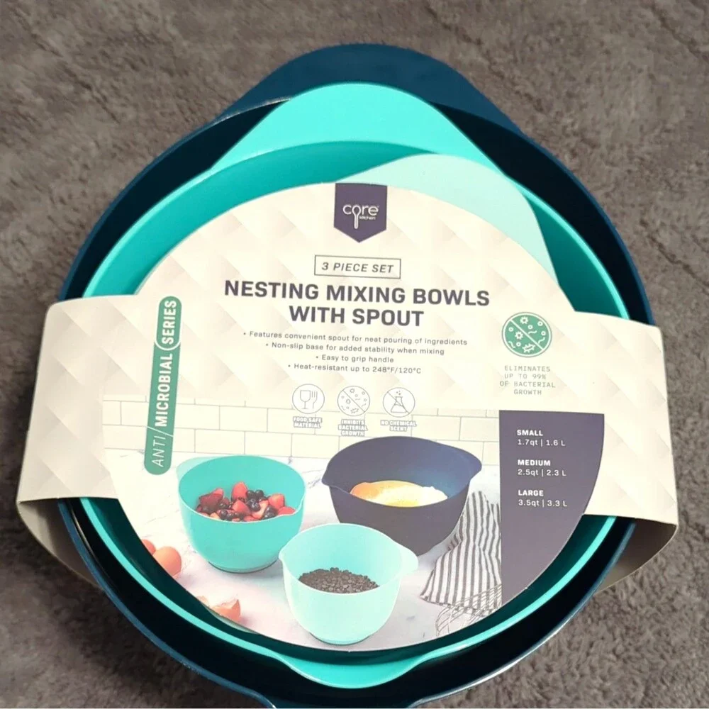 Core Kitchen Anti Microbial Nesting Mixing Bowls w/ Spout 3pc 1.7-3.5qt